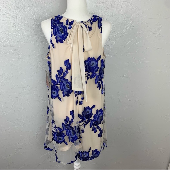 NWT Beige by Eci blue embroidered Floral A-line flowy tulle dress L - Picture 5 of 11